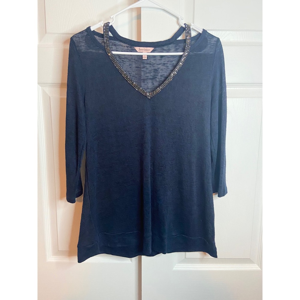 Juicy Couture Navy Blue Rhinestone V-Neck Cold Shoulder Knit Tunic Top Small